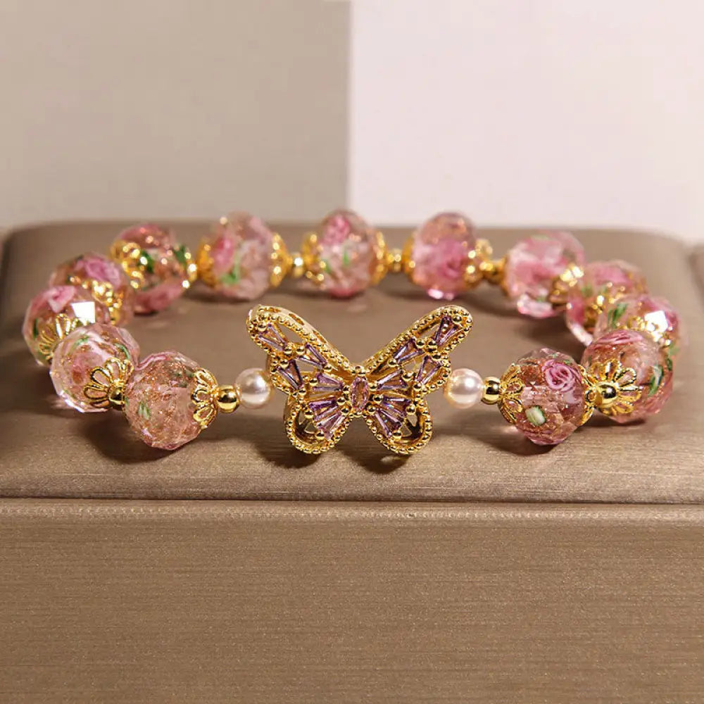 Buddha Stones Natural Butterfly Rose Design Pink Crystal Warmth Bracelet - Pink Crystal(Wrist Circumference:15-17cm)