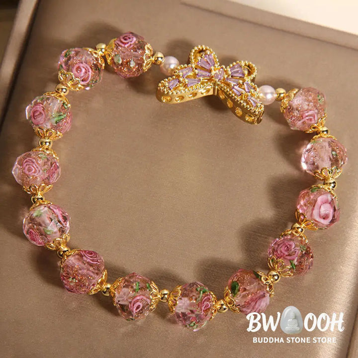 Buddha Stones Natural Butterfly Rose Design Pink Crystal Warmth Bracelet - Pink Crystal(Wrist Circumference:15-17cm)