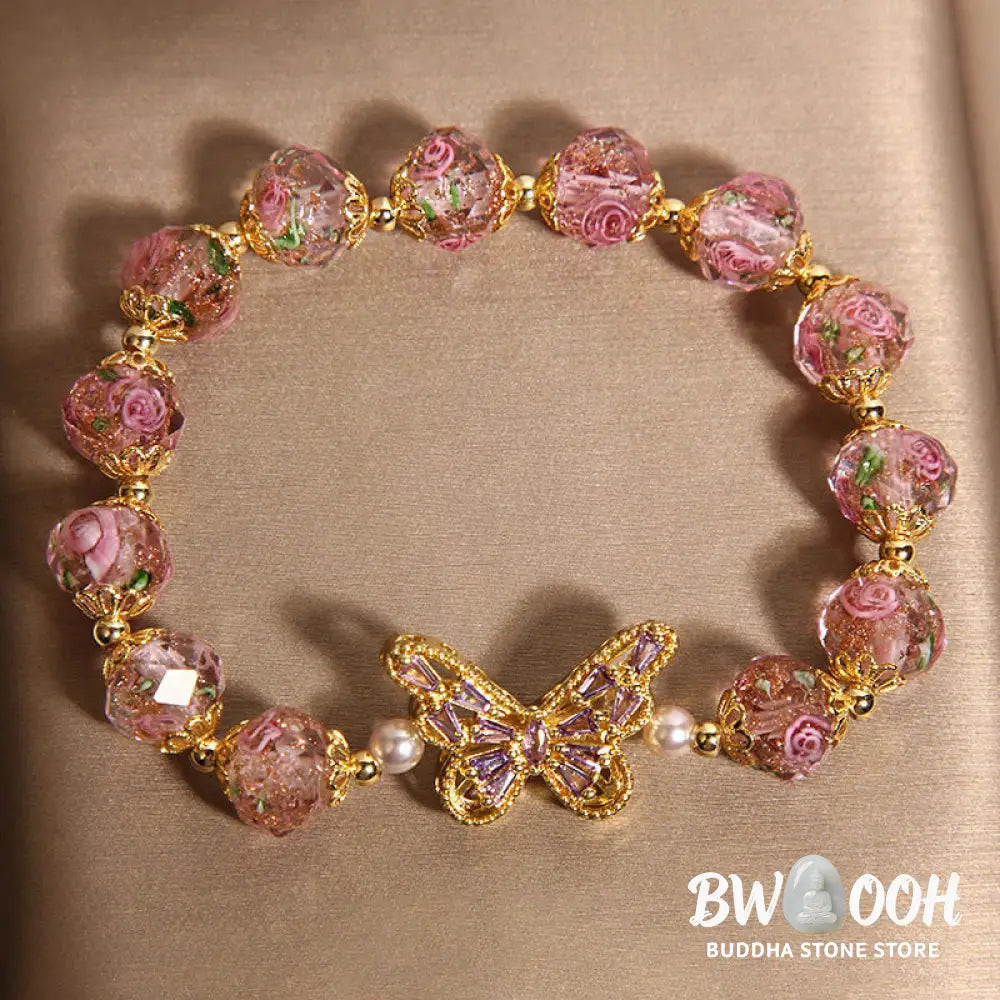 Buddha Stones Natural Butterfly Rose Design Pink Crystal Warmth Bracelet - Pink Crystal(Wrist Circumference:15-17cm)