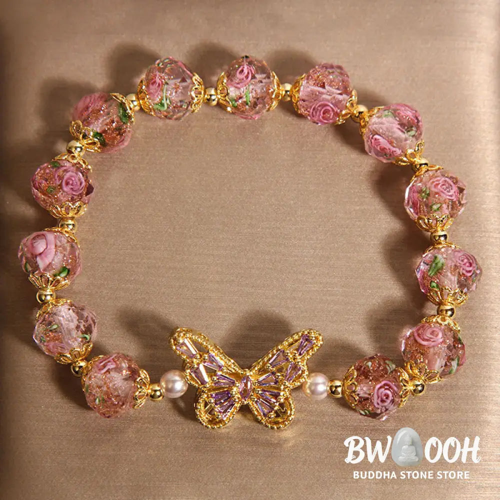 Buddha Stones Natural Butterfly Rose Design Pink Crystal Warmth Bracelet - Pink Crystal(Wrist Circumference:15-17cm)
