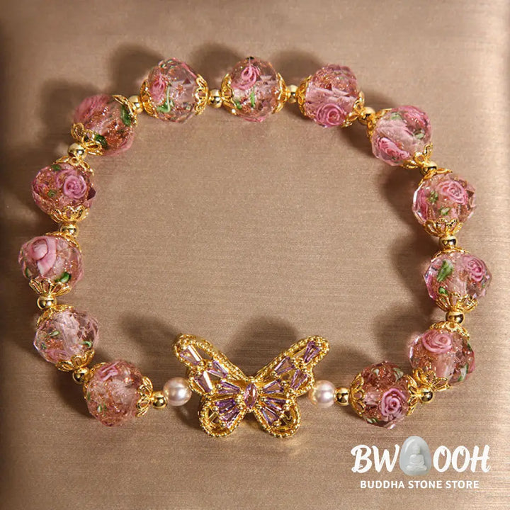 Buddha Stones Natural Butterfly Rose Design Pink Crystal Warmth Bracelet - Pink Crystal(Wrist Circumference:15-17cm)