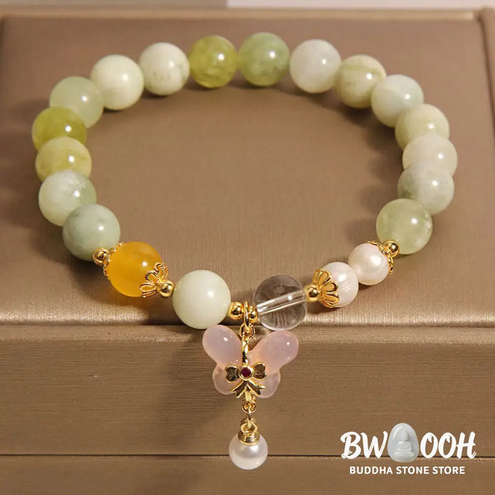 Buddha Stones Natural Butterfly Serpentine Jade Yanyuan Agate Luck Bracelet - Serpentine Jade(Wrist Circumference: