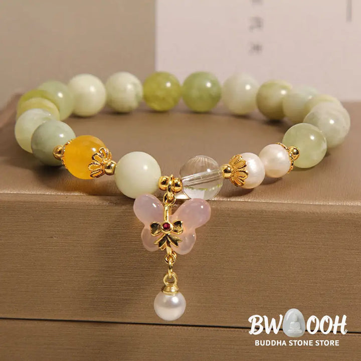 Buddha Stones Natural Butterfly Serpentine Jade Yanyuan Agate Luck Bracelet - Serpentine Jade(Wrist Circumference: