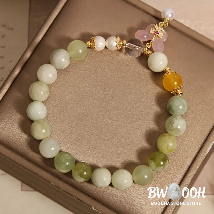 Buddha Stones Natural Butterfly Serpentine Jade Yanyuan Agate Luck Bracelet - Serpentine Jade(Wrist Circumference: