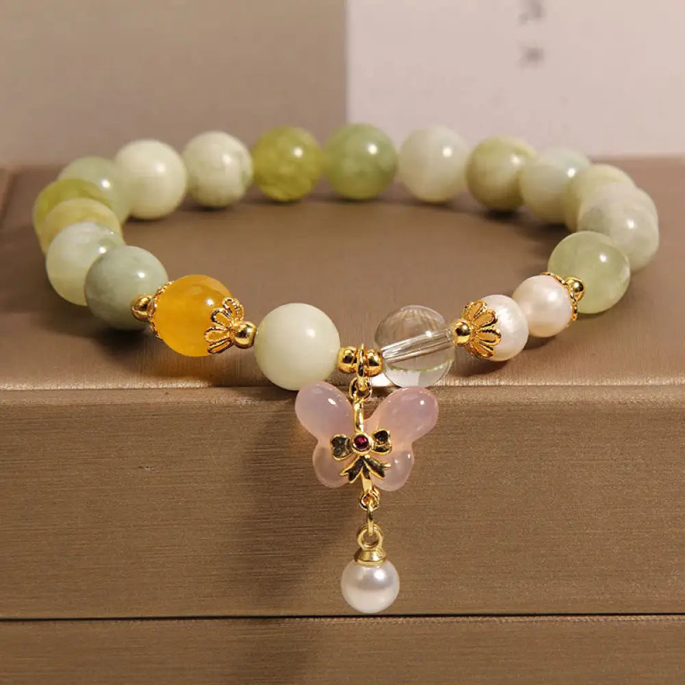Buddha Stones Natural Butterfly Serpentine Jade Yanyuan Agate Luck Bracelet - Serpentine Jade(Wrist Circumference:
