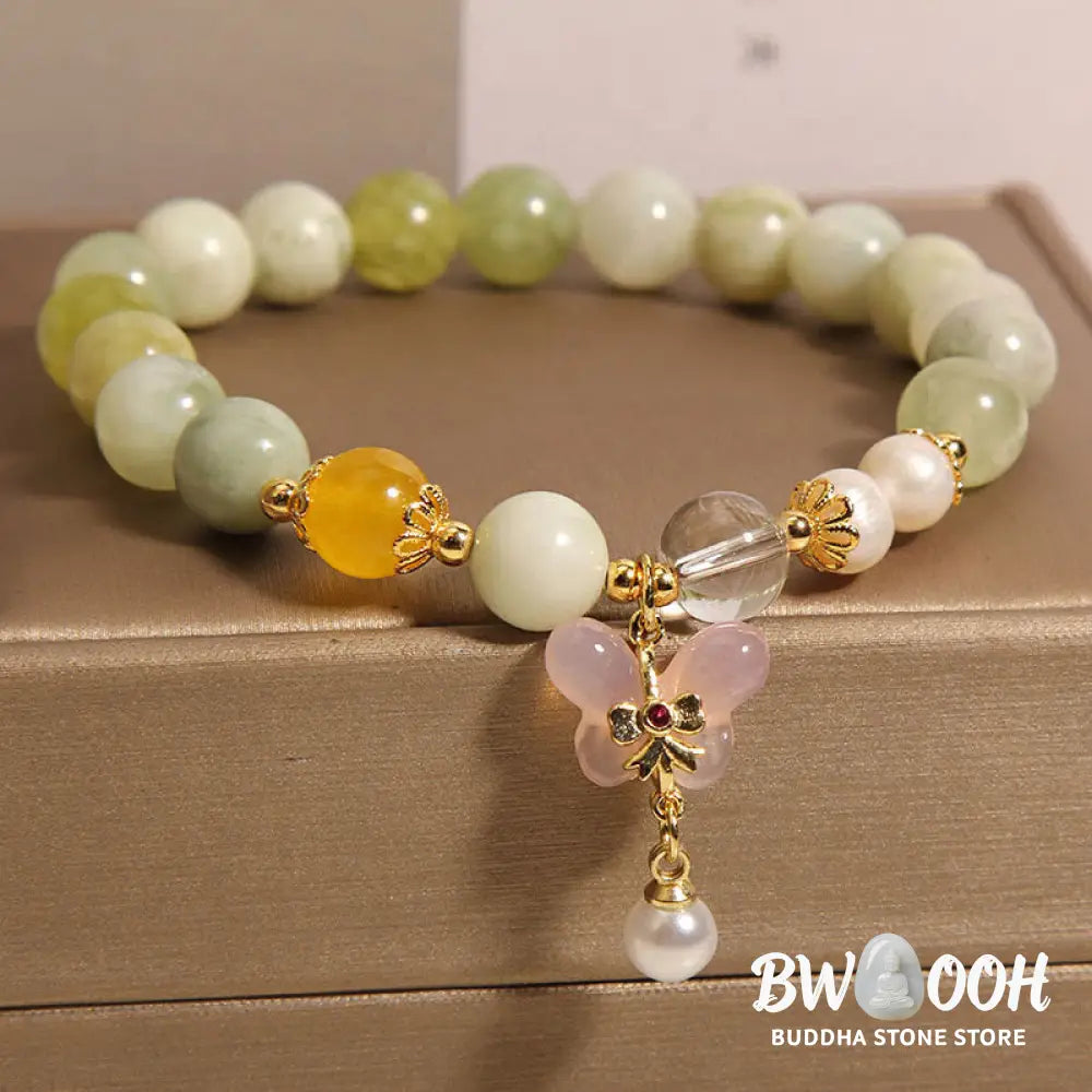 Buddha Stones Natural Butterfly Serpentine Jade Yanyuan Agate Luck Bracelet - Serpentine Jade(Wrist Circumference: