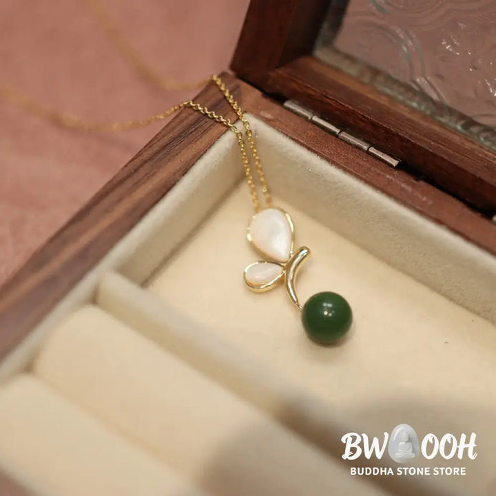 Buddha Stones Natural Butterfly Tridacna Stone Cyan Jade Copper Plated Gold Calm Necklace Pendant Ring Earrings Set