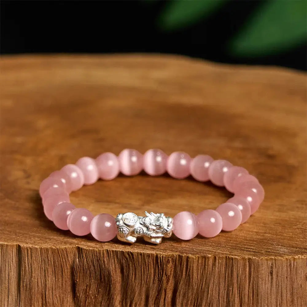Buddha Stones Natural Cat’s Eye Beads 990 Sterling Silver Pixiu Positive Bracelet - BWOOOH - Pink Cat’s Eye-(Wrist