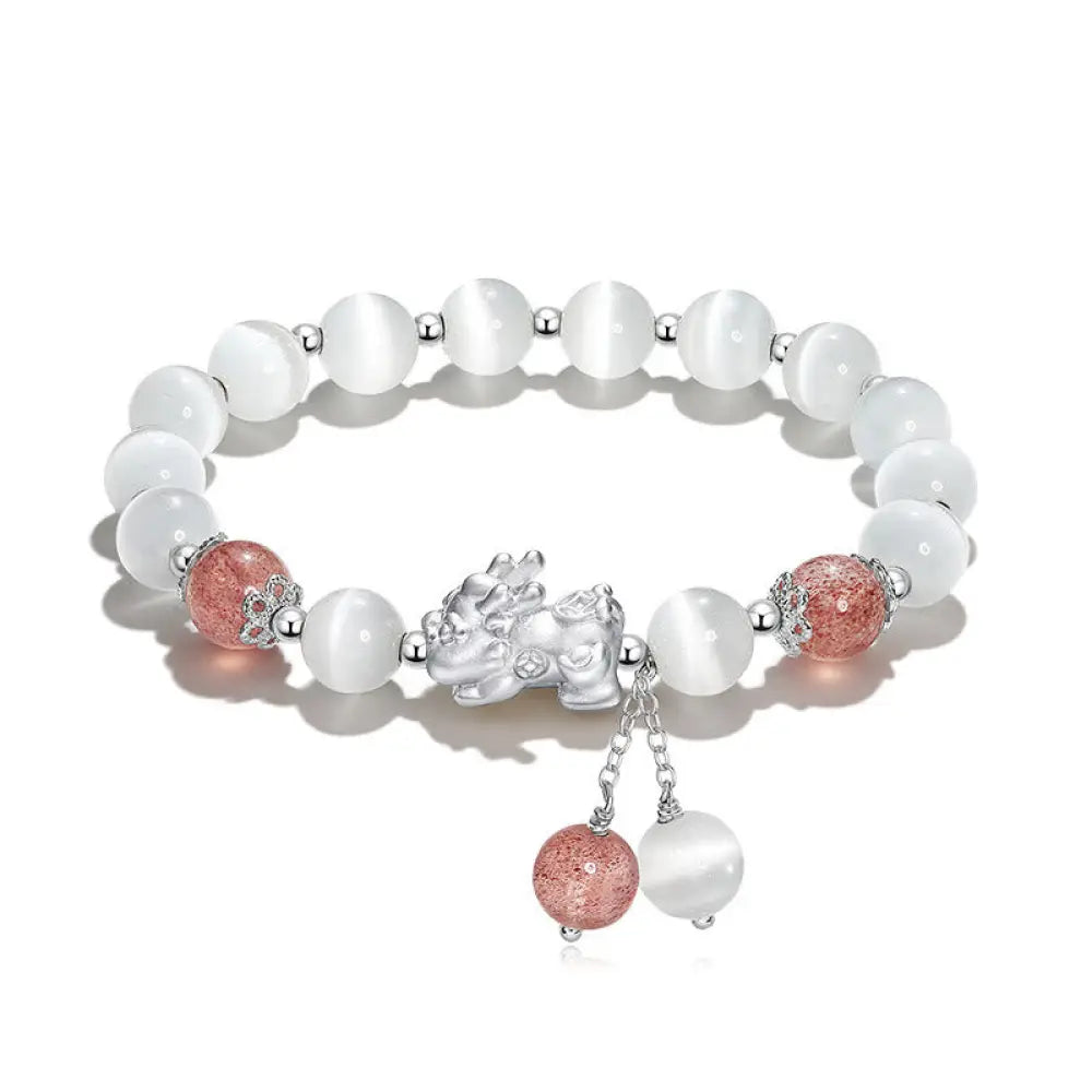 BWOOOH Natural Cat’s Eye Moonstone Strawberry Quartz PiXiu Support Bracelet - Strawberry Quartz&amp;Cat’s Eye(Wrist