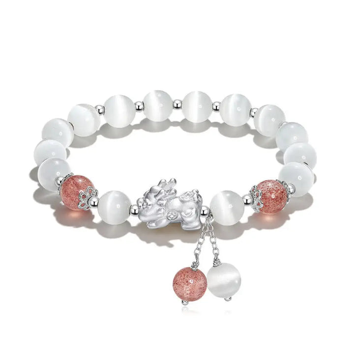 BWOOOH Natural Cat’s Eye Moonstone Strawberry Quartz PiXiu Support Bracelet - Strawberry Quartz&amp;Cat’s Eye(Wrist
