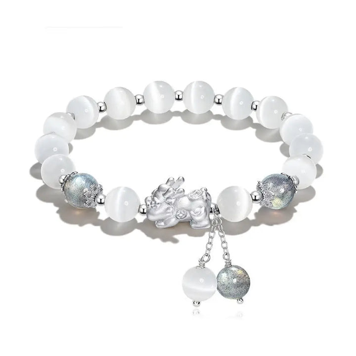 BWOOOH Natural Cat’s Eye Moonstone Strawberry Quartz PiXiu Support Bracelet - Moonstone&amp;Cat’s Eye(Wrist
