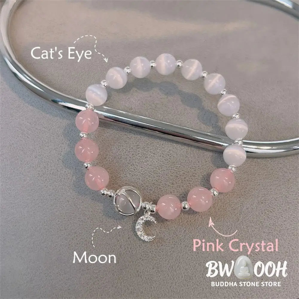 Buddha Stones Natural Cat’s Eye Pink Crystal Moon Love Charm Bracelet - Cat’s Eye&amp;Pink Crystal - Bracelet