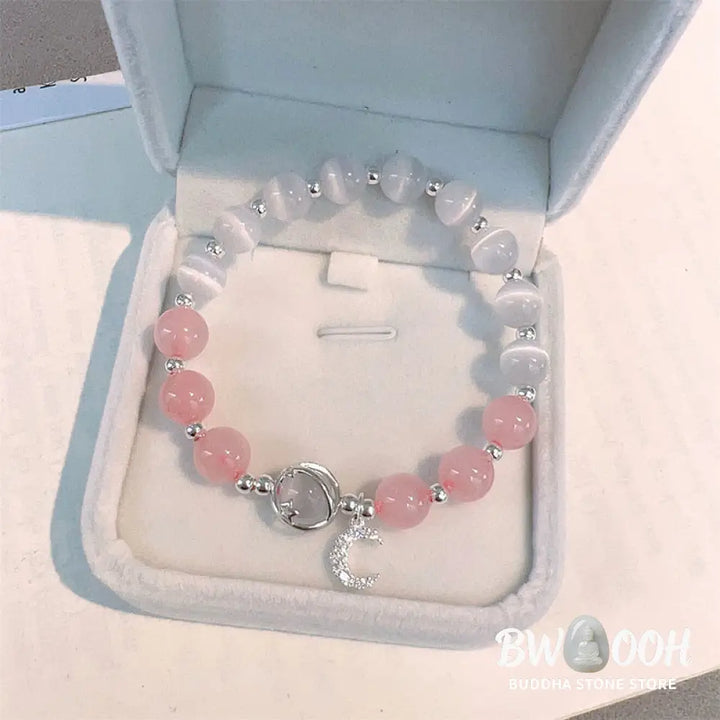 Buddha Stones Natural Cat’s Eye Pink Crystal Moon Love Charm Bracelet - Cat’s Eye&amp;Pink Crystal - Bracelet