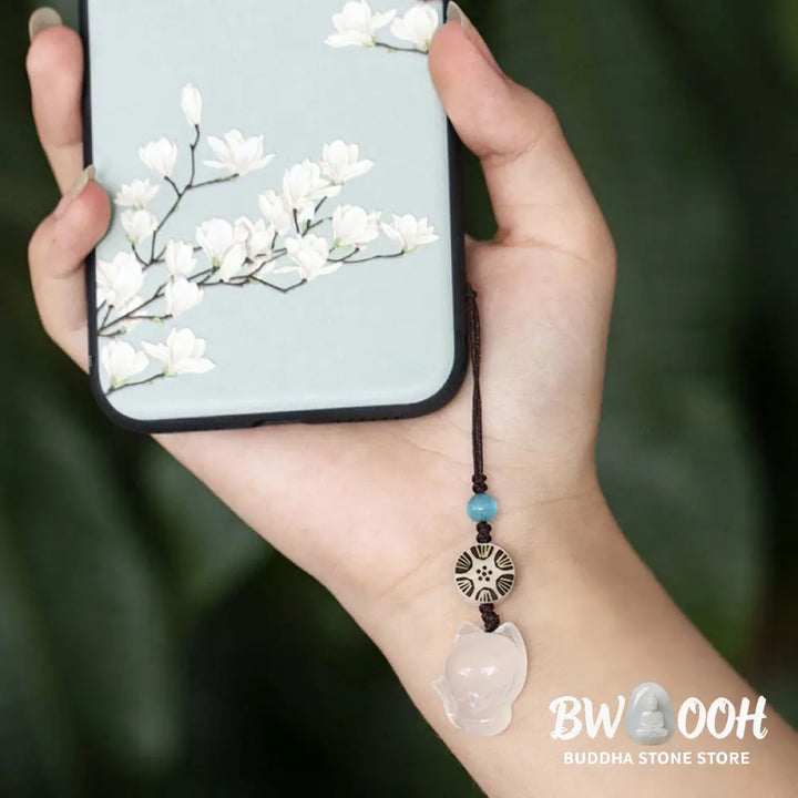 Buddha Stones Natural Chalcedony Fox Harmony Phone Hanging Decoration - Phone Hanging Decoration