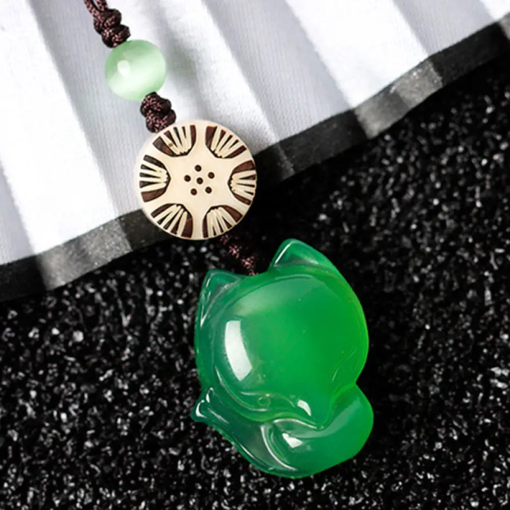 Buddha Stones Natural Chalcedony Fox Harmony Phone Hanging Decoration - Green Fox - Phone Hanging Decoration