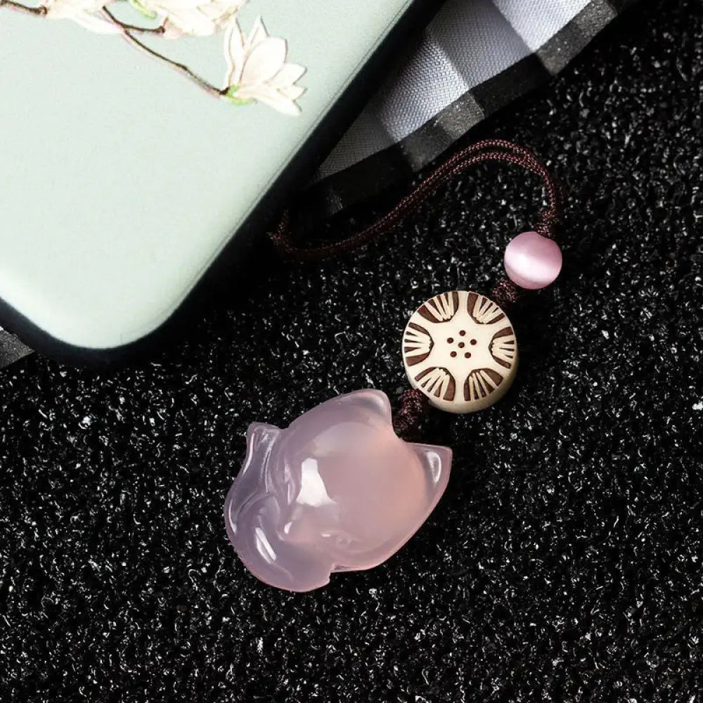 Buddha Stones Natural Chalcedony Fox Harmony Phone Hanging Decoration - Pink Fox - Phone Hanging Decoration