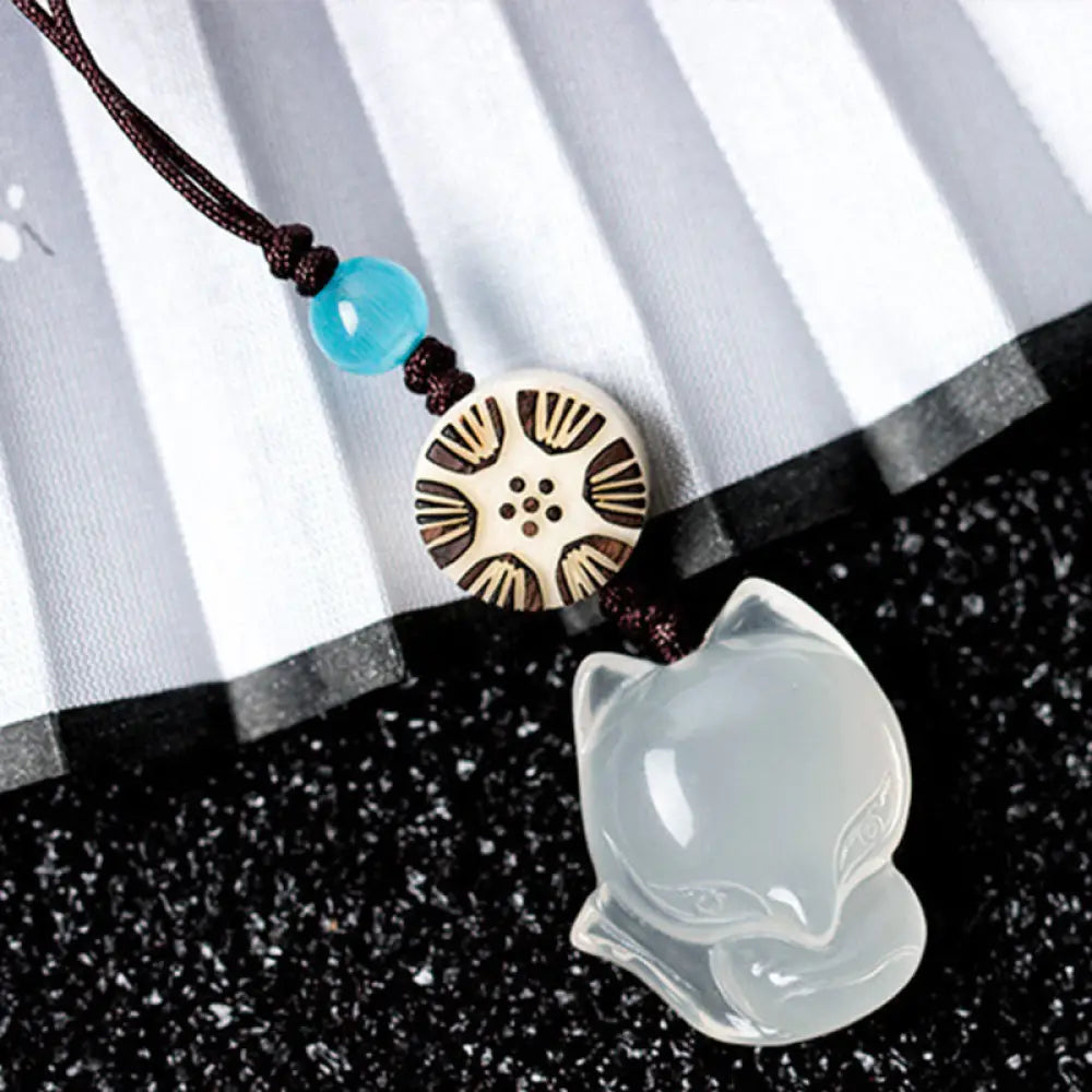 Buddha Stones Natural Chalcedony Fox Harmony Phone Hanging Decoration - White Fox - Phone Hanging Decoration