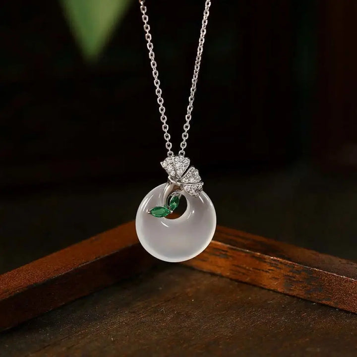 Buddha Stones Natural Chalcedony Ginkgo Leaf Peace Buckle Harmony Necklace Pendant - BWOOOH - Chalcedony - Necklaces &amp;