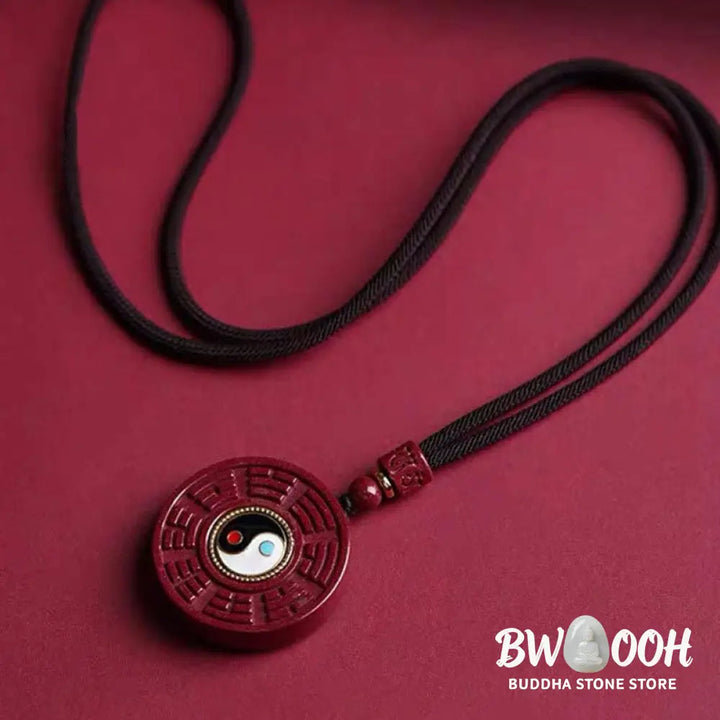 Buddha Stones Natural Cinnabar Bagua Rotatable Yin Yang Keep Away Evil Spirits Necklace Pendant - BWOOOH