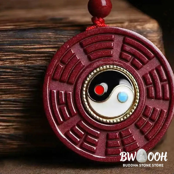 Buddha Stones Natural Cinnabar Bagua Rotatable Yin Yang Keep Away Evil Spirits Necklace Pendant - BWOOOH