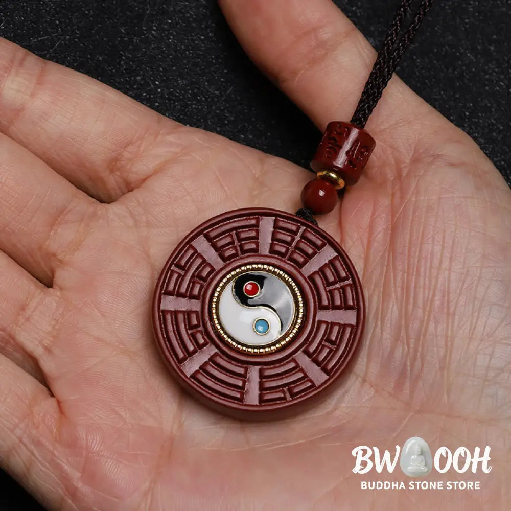 Buddha Stones Natural Cinnabar Bagua Rotatable Yin Yang Keep Away Evil Spirits Necklace Pendant - BWOOOH