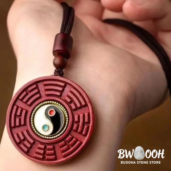 Buddha Stones Natural Cinnabar Bagua Rotatable Yin Yang Keep Away Evil Spirits Necklace Pendant - BWOOOH