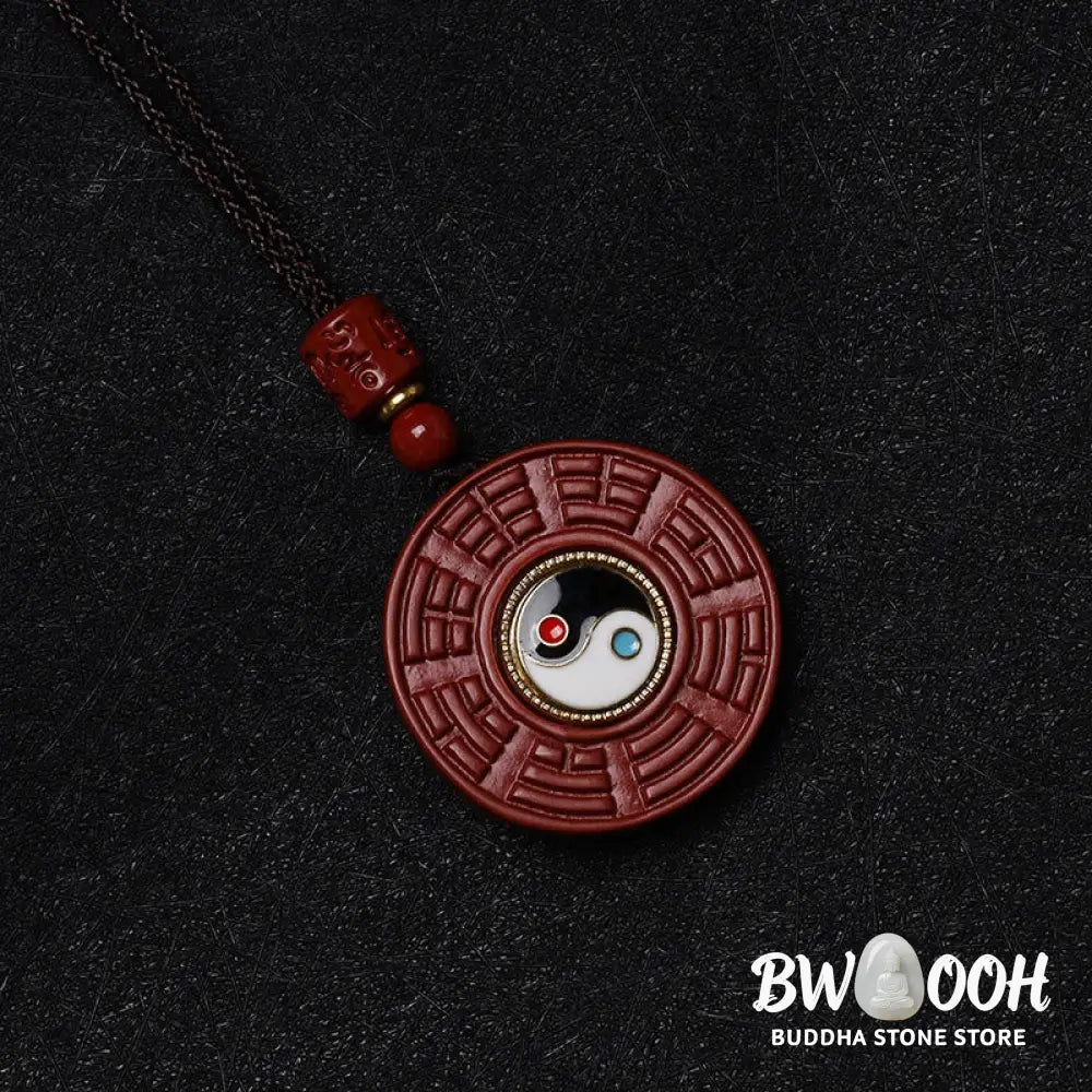 Buddha Stones Natural Cinnabar Bagua Rotatable Yin Yang Keep Away Evil Spirits Necklace Pendant - BWOOOH