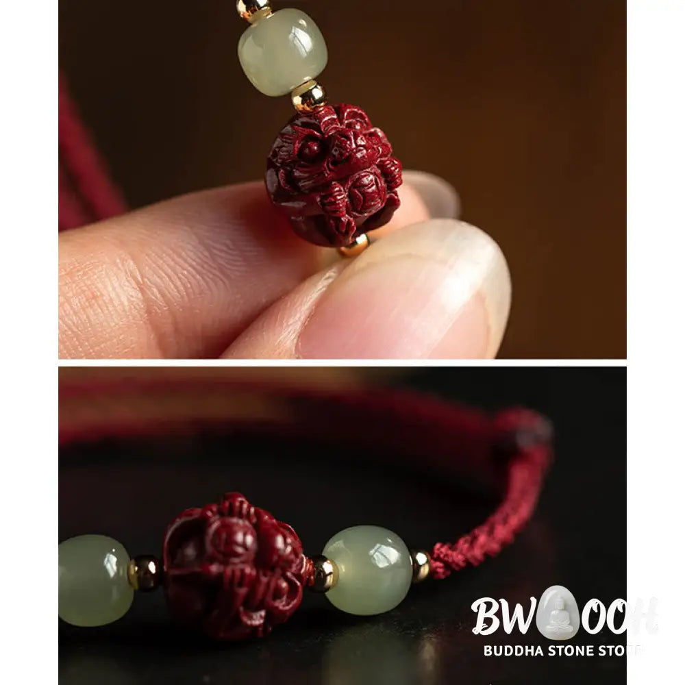 Buddha Stones Natural Cinnabar Chinese Zodiac Hetian Jade Fu Character Luck Rope Bracelet - BWOOOH - Bracelet
