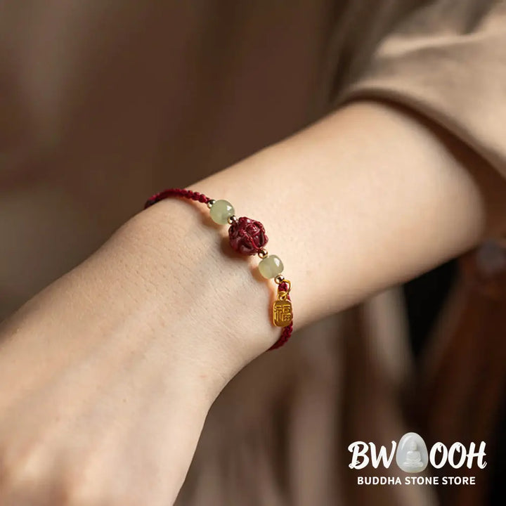 Buddha Stones Natural Cinnabar Chinese Zodiac Hetian Jade Fu Character Luck Rope Bracelet - BWOOOH - Bracelet