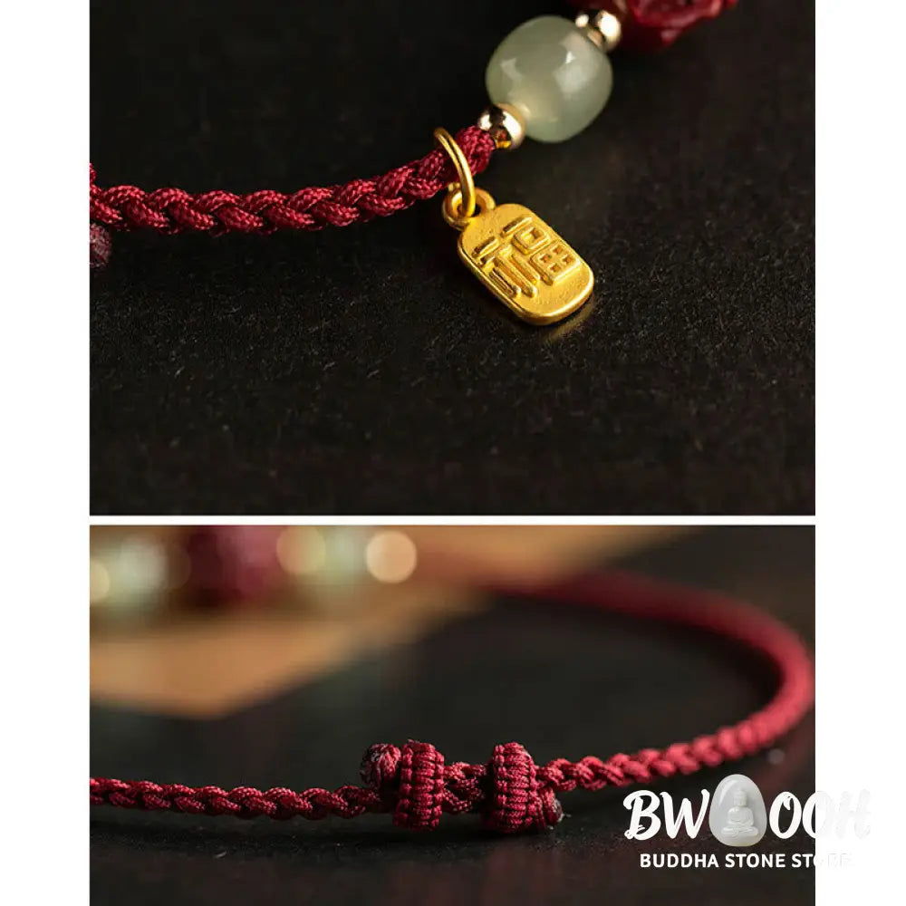 Buddha Stones Natural Cinnabar Chinese Zodiac Hetian Jade Fu Character Luck Rope Bracelet - BWOOOH - Bracelet