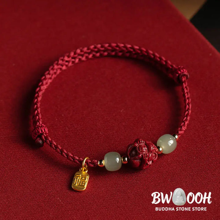 Buddha Stones Natural Cinnabar Chinese Zodiac Hetian Jade Fu Character Luck Rope Bracelet - BWOOOH - Bracelet