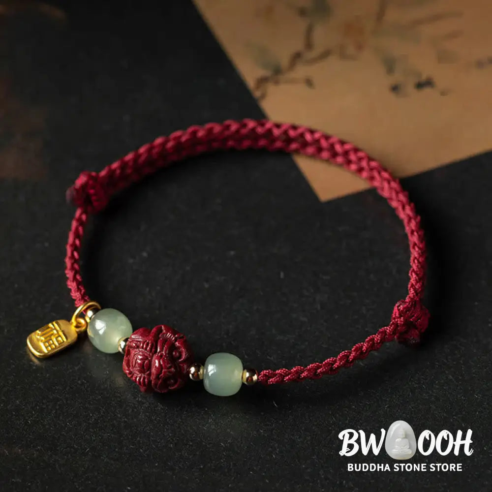 Buddha Stones Natural Cinnabar Chinese Zodiac Hetian Jade Fu Character Luck Rope Bracelet - BWOOOH - Bracelet