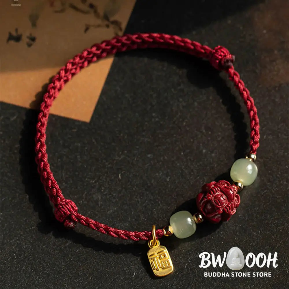 Buddha Stones Natural Cinnabar Chinese Zodiac Hetian Jade Fu Character Luck Rope Bracelet - BWOOOH - Bracelet