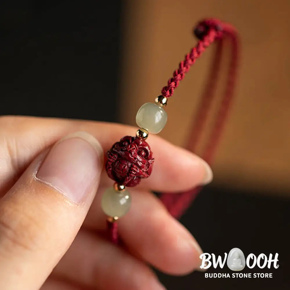 Buddha Stones Natural Cinnabar Chinese Zodiac Hetian Jade Fu Character Luck Rope Bracelet - BWOOOH - Bracelet