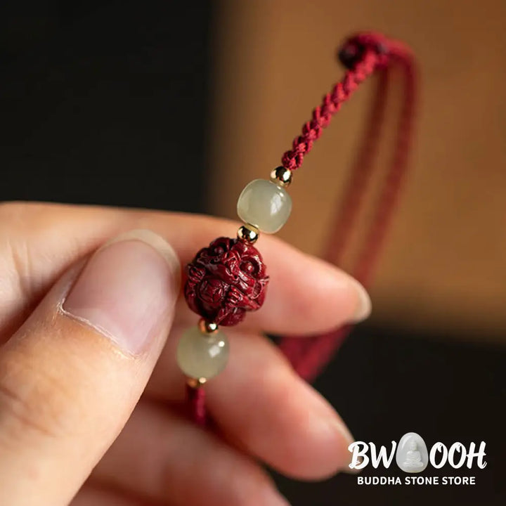 Buddha Stones Natural Cinnabar Chinese Zodiac Hetian Jade Fu Character Luck Rope Bracelet - BWOOOH - Bracelet