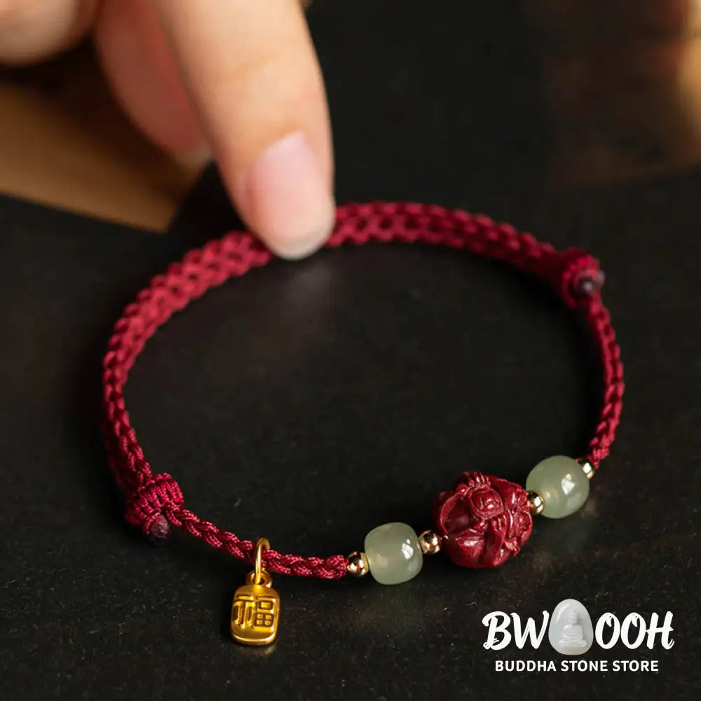 Buddha Stones Natural Cinnabar Chinese Zodiac Hetian Jade Fu Character Luck Rope Bracelet - BWOOOH - Bracelet