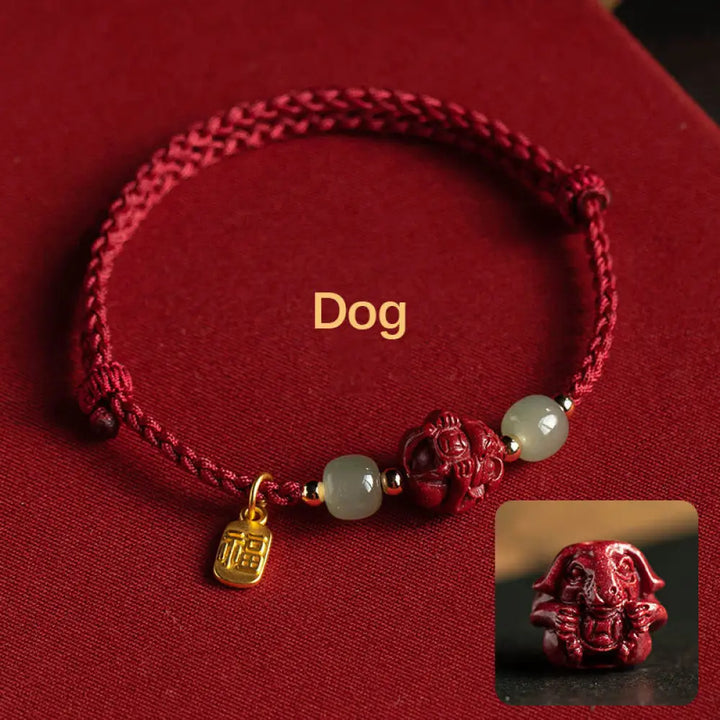 Buddha Stones Natural Cinnabar Chinese Zodiac Hetian Jade Fu Character Luck Rope Bracelet - BWOOOH - Dog(Wrist