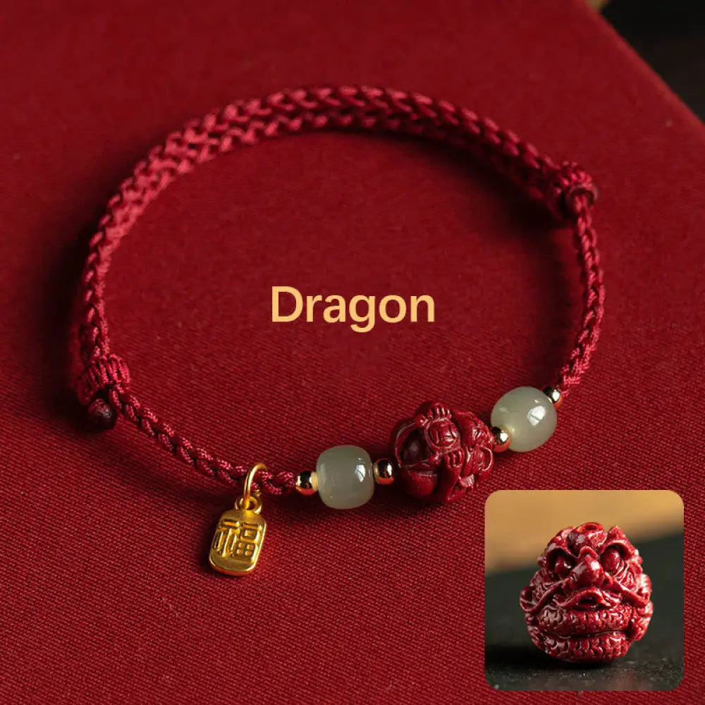 Buddha Stones Natural Cinnabar Chinese Zodiac Hetian Jade Fu Character Luck Rope Bracelet - BWOOOH - Dragon(Wrist