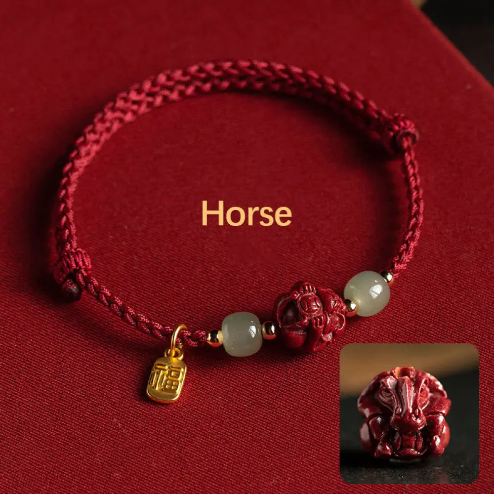 Buddha Stones Natural Cinnabar Chinese Zodiac Hetian Jade Fu Character Luck Rope Bracelet - BWOOOH - Horse(Wrist
