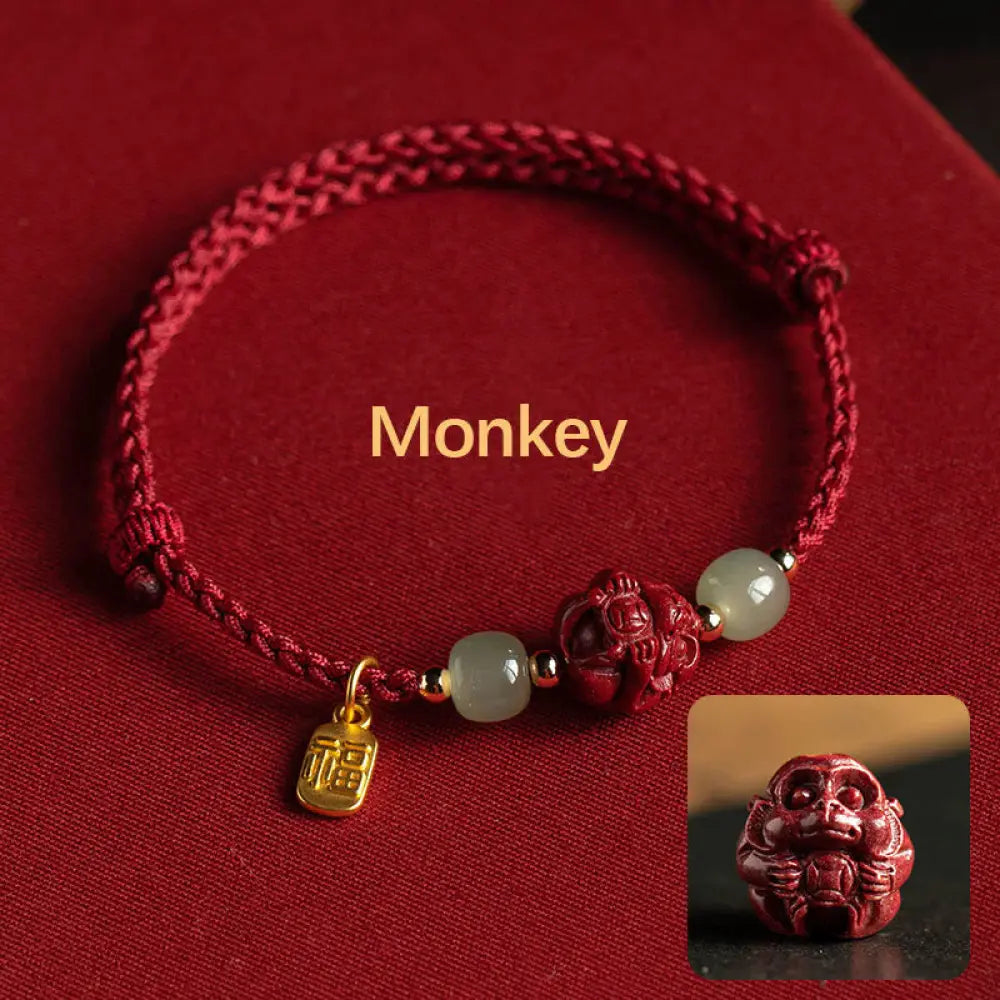 Buddha Stones Natural Cinnabar Chinese Zodiac Hetian Jade Fu Character Luck Rope Bracelet - BWOOOH - Monkey(Wrist