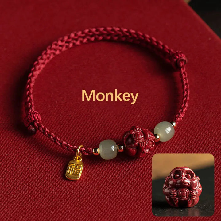 Buddha Stones Natural Cinnabar Chinese Zodiac Hetian Jade Fu Character Luck Rope Bracelet - BWOOOH - Monkey(Wrist