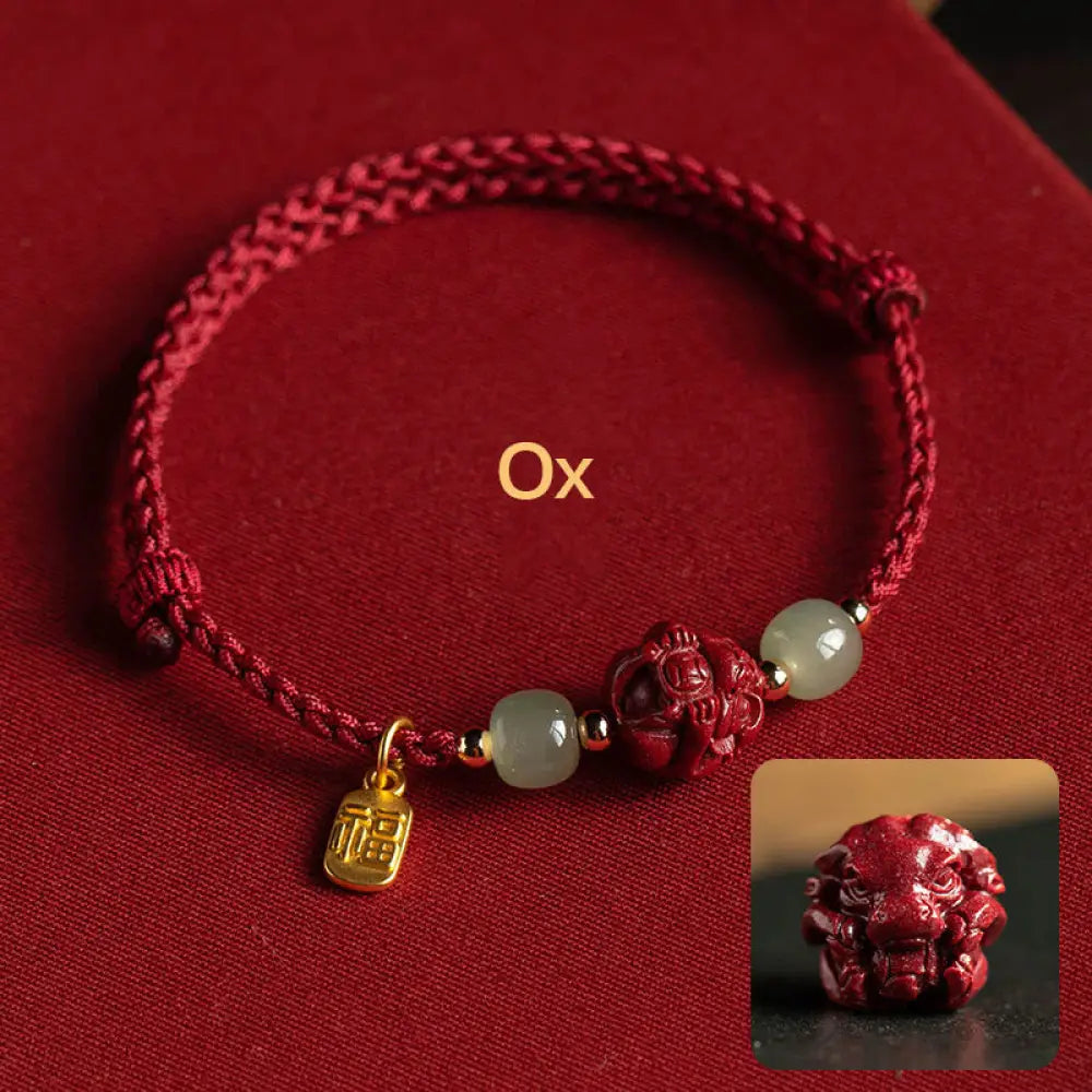 Buddha Stones Natural Cinnabar Chinese Zodiac Hetian Jade Fu Character Luck Rope Bracelet - BWOOOH - Ox(Wrist