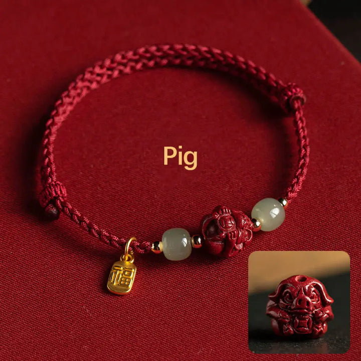 Buddha Stones Natural Cinnabar Chinese Zodiac Hetian Jade Fu Character Luck Rope Bracelet - BWOOOH - Pig(Wrist