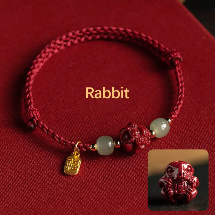 Buddha Stones Natural Cinnabar Chinese Zodiac Hetian Jade Fu Character Luck Rope Bracelet - BWOOOH - Rabbit(Wrist