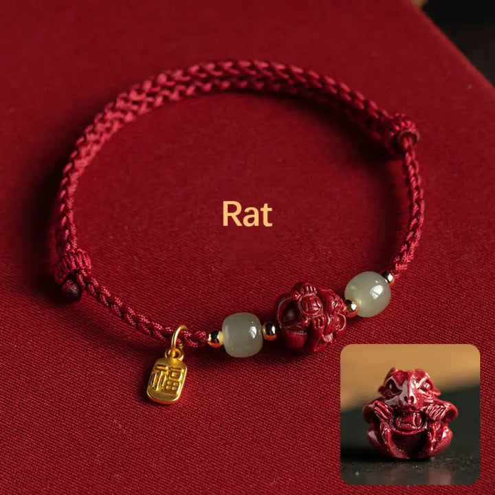 Buddha Stones Natural Cinnabar Chinese Zodiac Hetian Jade Fu Character Luck Rope Bracelet - BWOOOH - Rat(Wrist