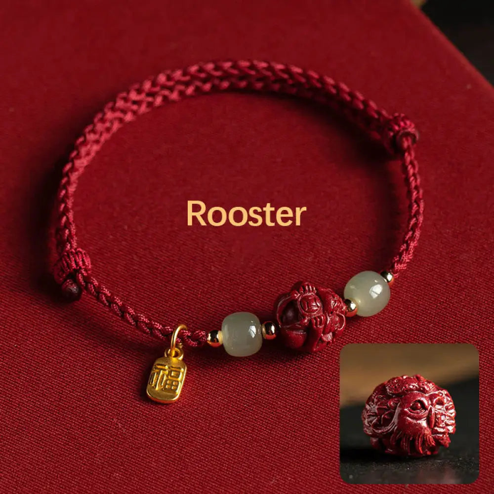 Buddha Stones Natural Cinnabar Chinese Zodiac Hetian Jade Fu Character Luck Rope Bracelet - BWOOOH - Rooster(Wrist