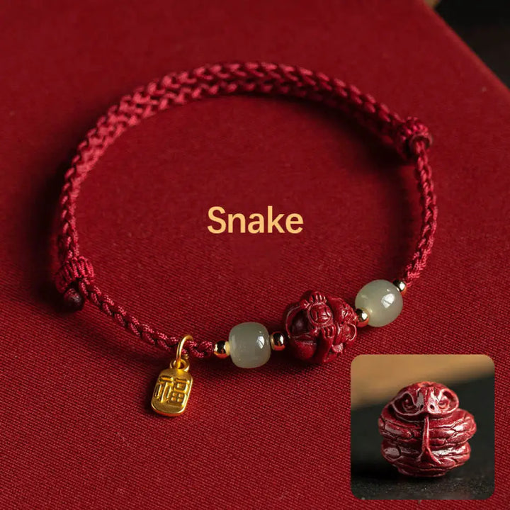 Buddha Stones Natural Cinnabar Chinese Zodiac Hetian Jade Fu Character Luck Rope Bracelet - BWOOOH - Snake(Wrist