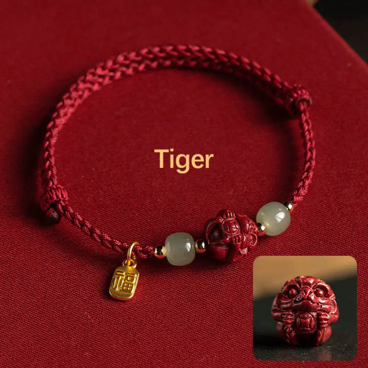 Buddha Stones Natural Cinnabar Chinese Zodiac Hetian Jade Fu Character Luck Rope Bracelet - BWOOOH - Tiger(Wrist
