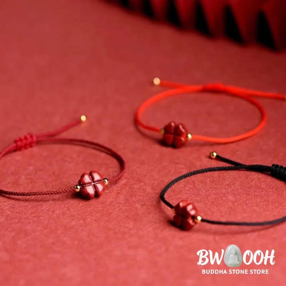 Buddha Stones Natural Cinnabar Four Leaf Clover Blessing Red String Bracelet Anklet - BWOOOH - Bracelet