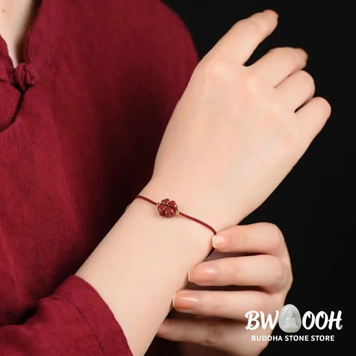 Buddha Stones Natural Cinnabar Four Leaf Clover Blessing Red String Bracelet Anklet - BWOOOH - Bracelet